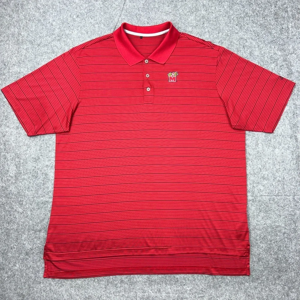 Maryland Terrapins Shirt Mens 2XL‎ Red Striped Terps Logo Performance Golf Polo
